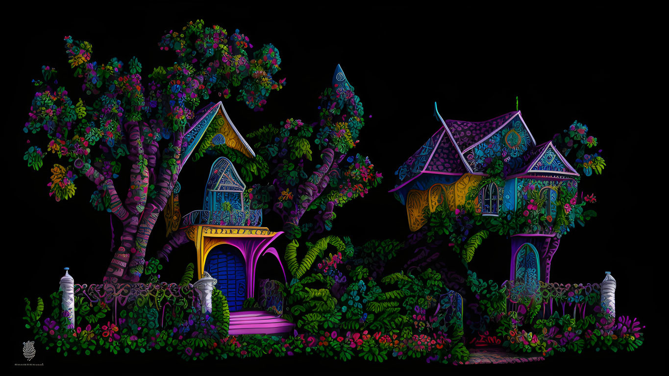 Colorful whimsical treehouses in lush foliage on black background