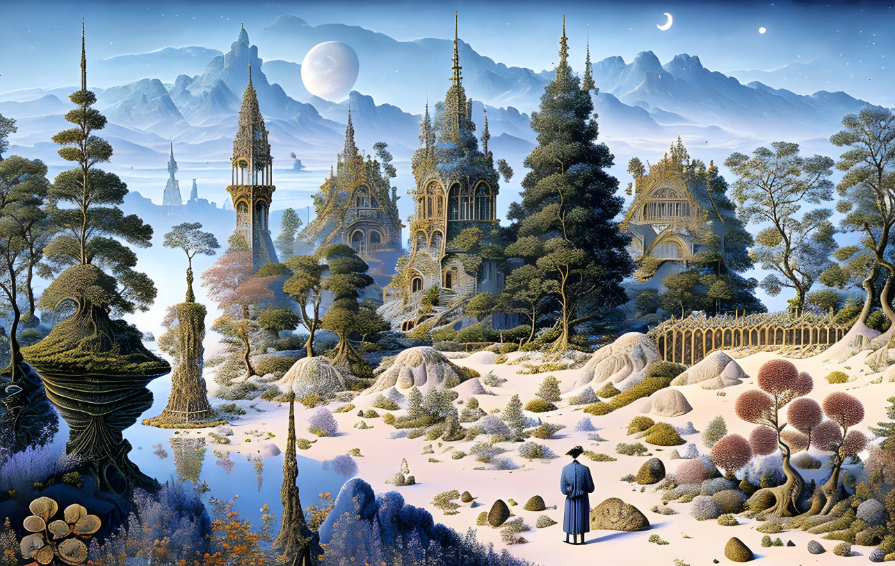 Fantastical landscape with ornate towers and whimsical trees