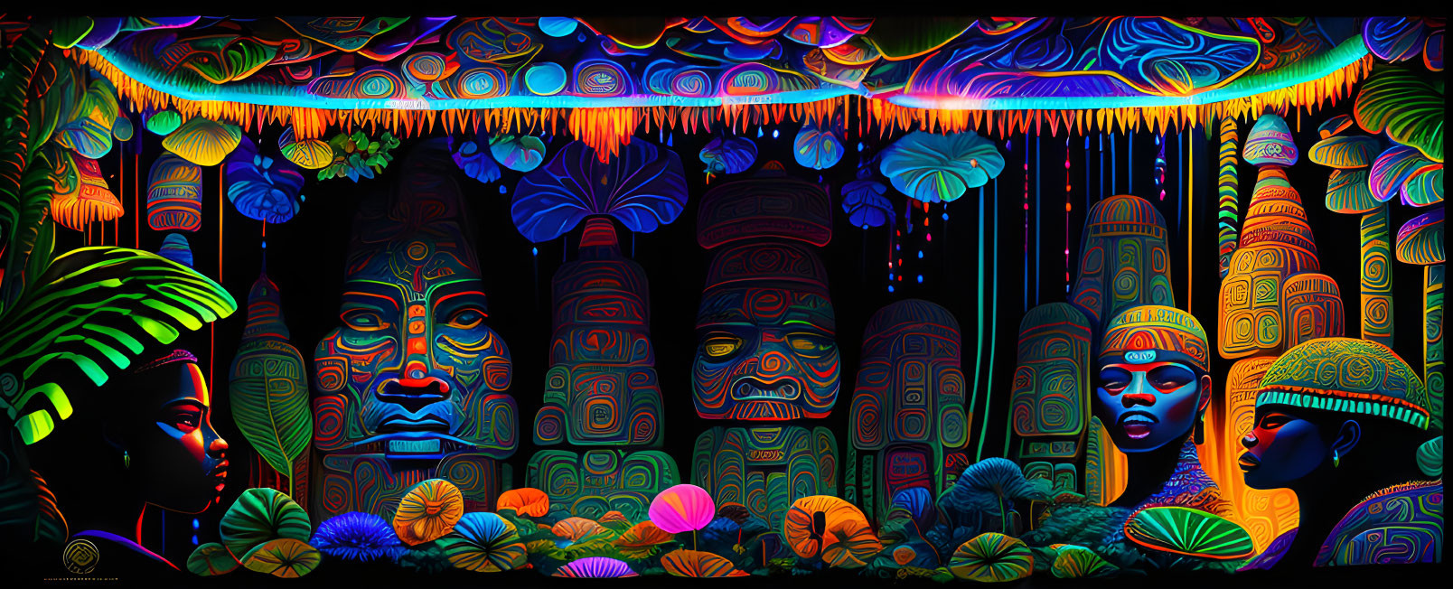 Colorful Psychedelic Illustration of Tribal Masks and Figures