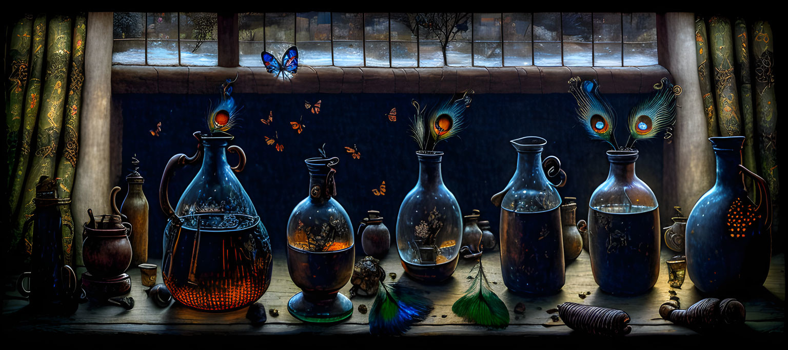 Whimsical potion bottles illustration with glowing contents, butterflies, and snowy landscape.