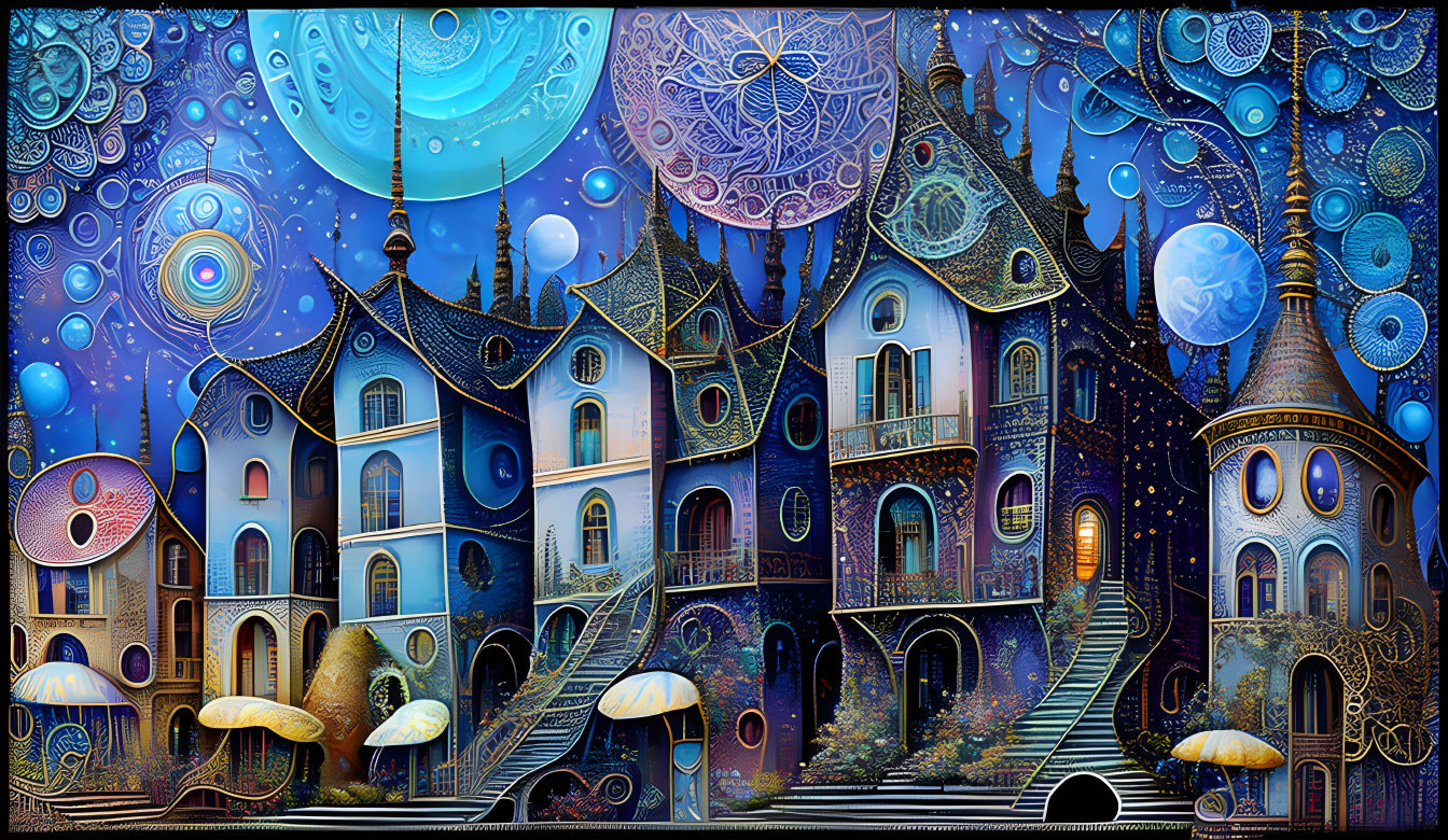 Whimsical painting of fantastical building under vibrant night sky