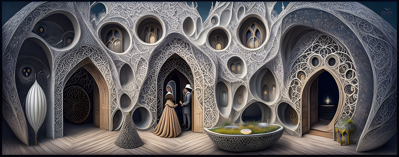 Intricate digital artwork: Organic architecture, cloaked figures, reflective pool