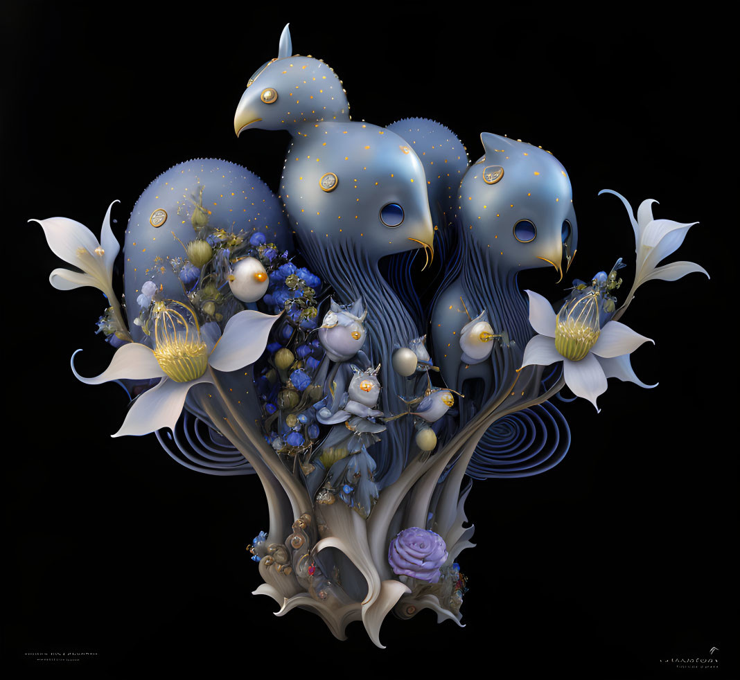 Surreal Artwork: Blue Creatures with Gold Spots and White Flowers on Dark Background