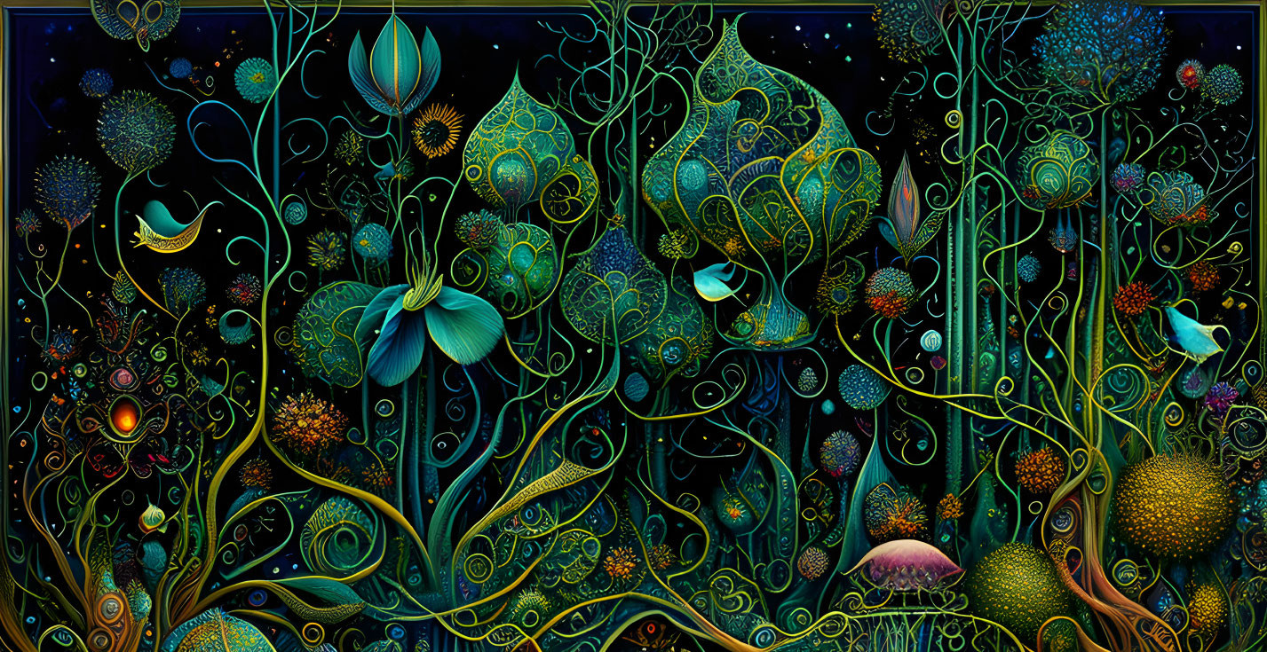 Luminescent nocturnal garden illustration in blue, green, and gold hues