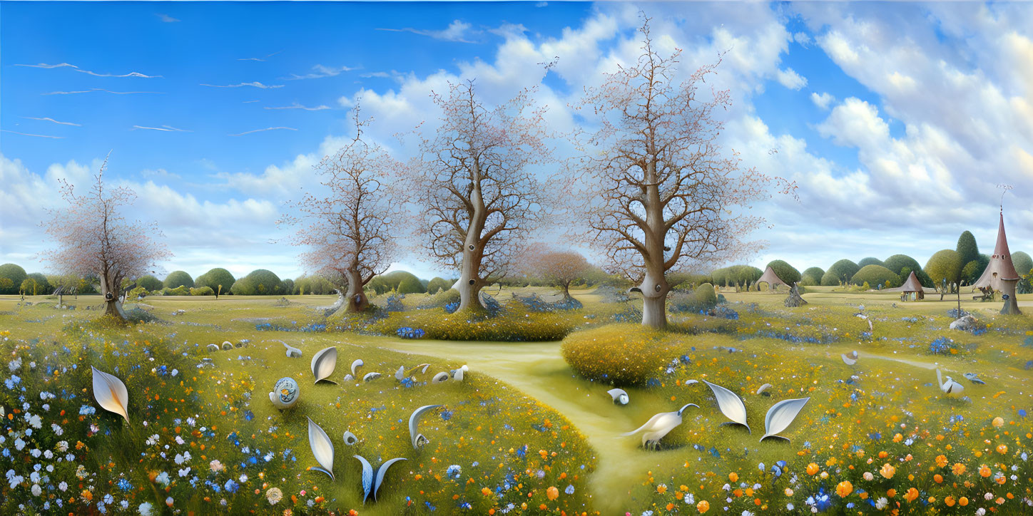 Panoramic landscape with whimsical trees, meadows, and daisies under blue sky