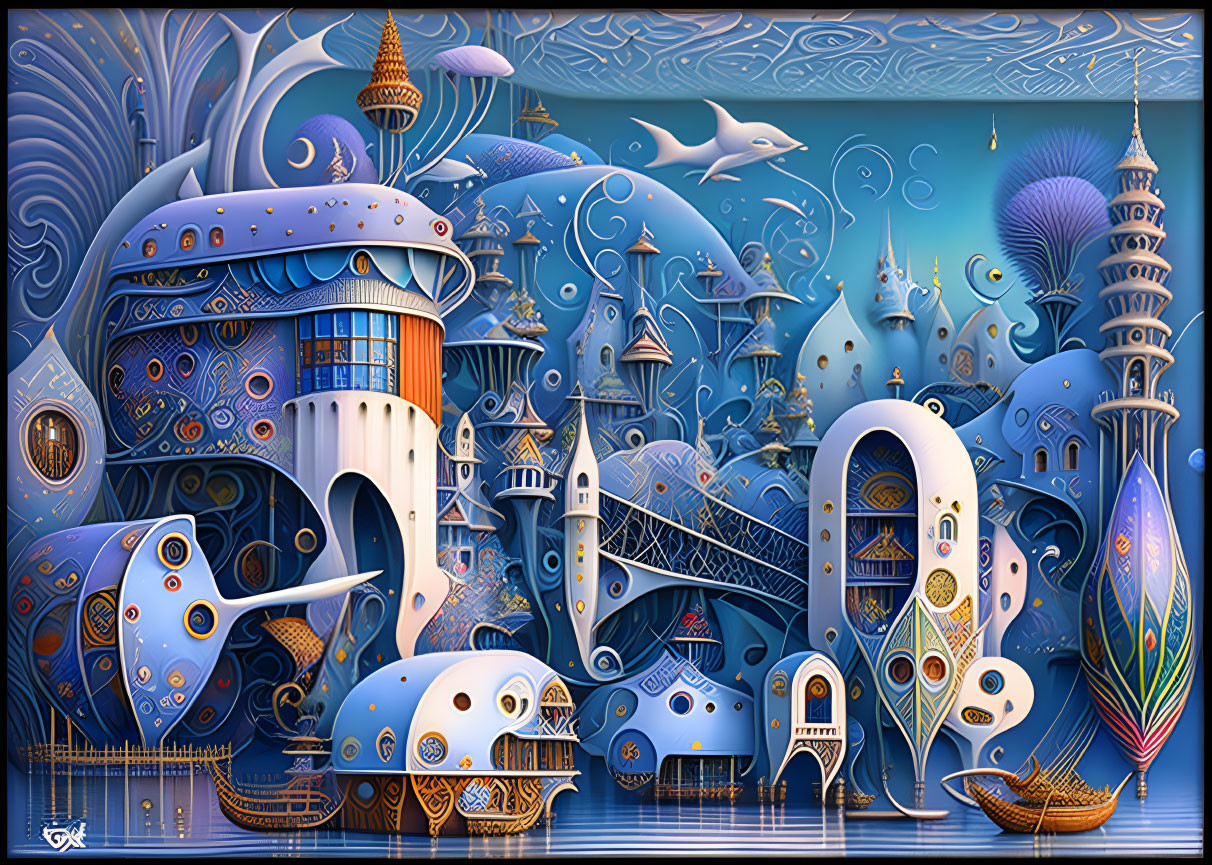 Fantastical cityscape with flying fish and boat in ornate, blue-hued setting