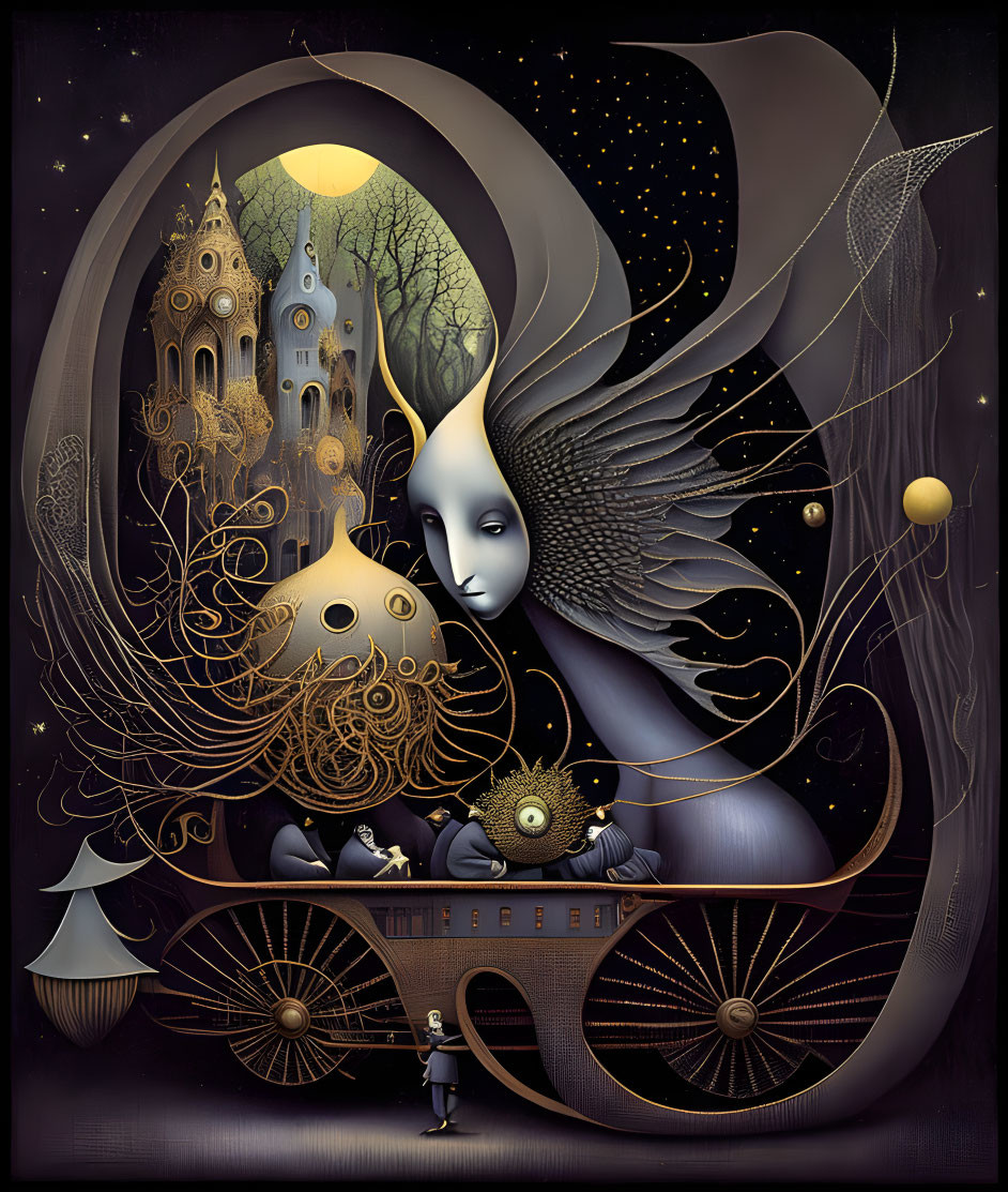 Surreal illustration with masked moon-like figure and cosmic motifs