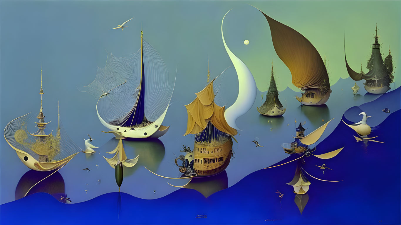 Elegant ships under crescent moon in serene blue sea