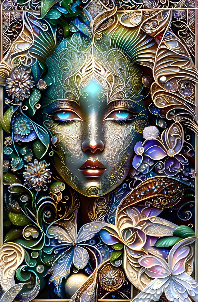 Detailed woman's face illustration with metallic, floral designs, butterflies, and glowing eyes.