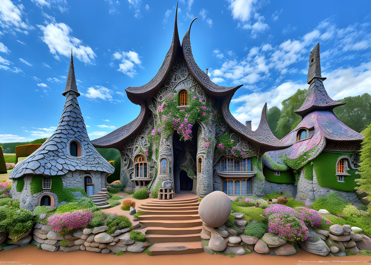 Fantasy CGI cottage with ornate roofs and vibrant gardens