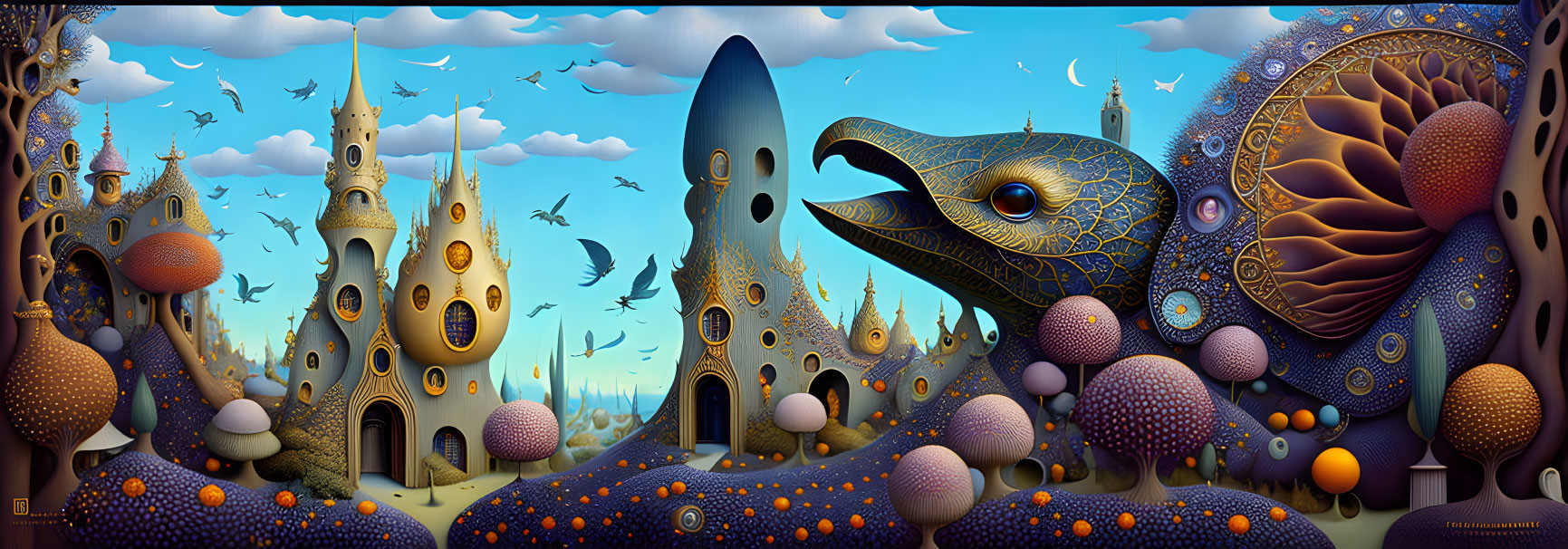 Surreal landscape with castle-like structures, mushrooms, and whale creature