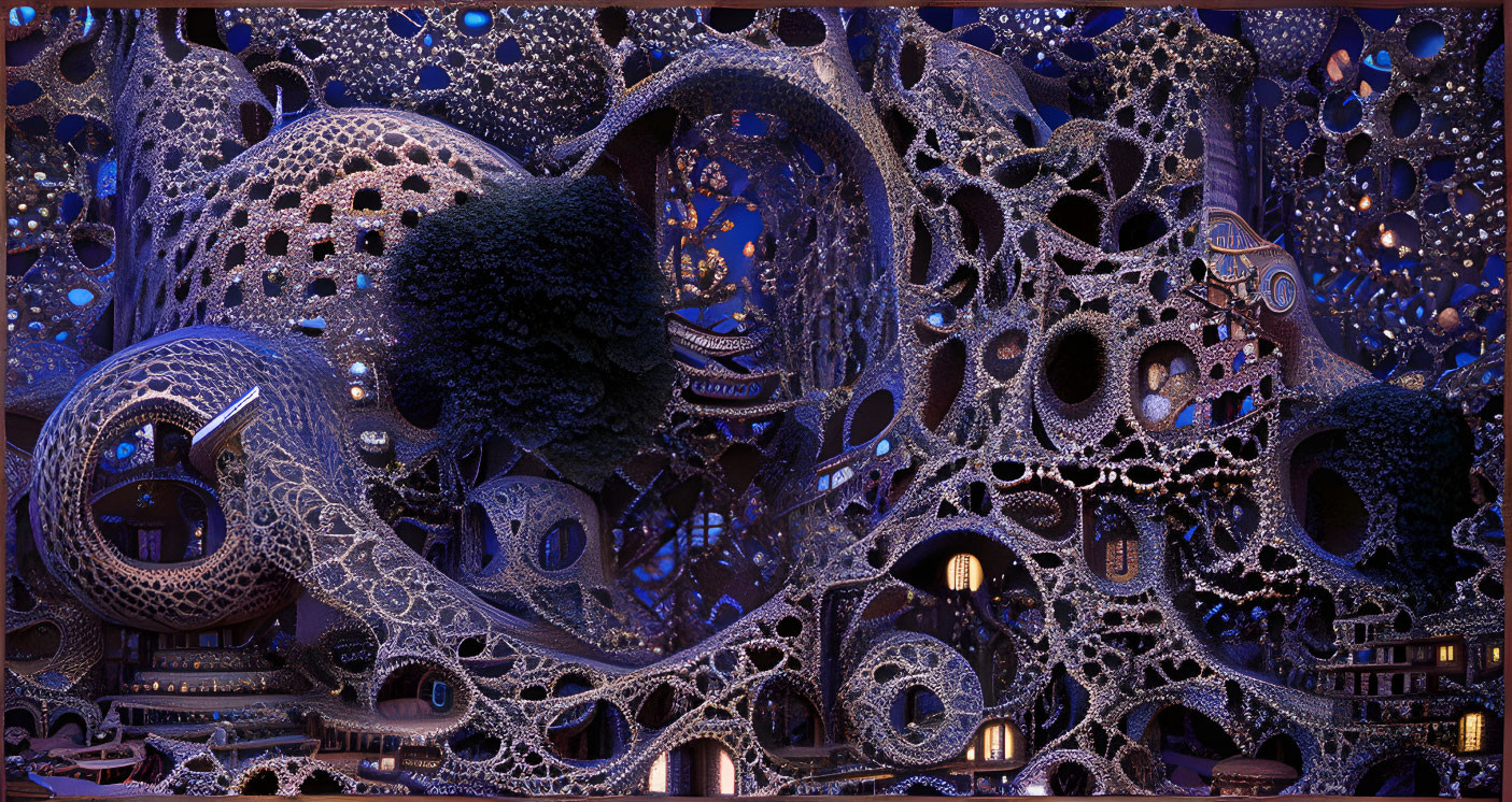 Intricate fractal landscape with tree-like structures and circular portals in blue and purple.