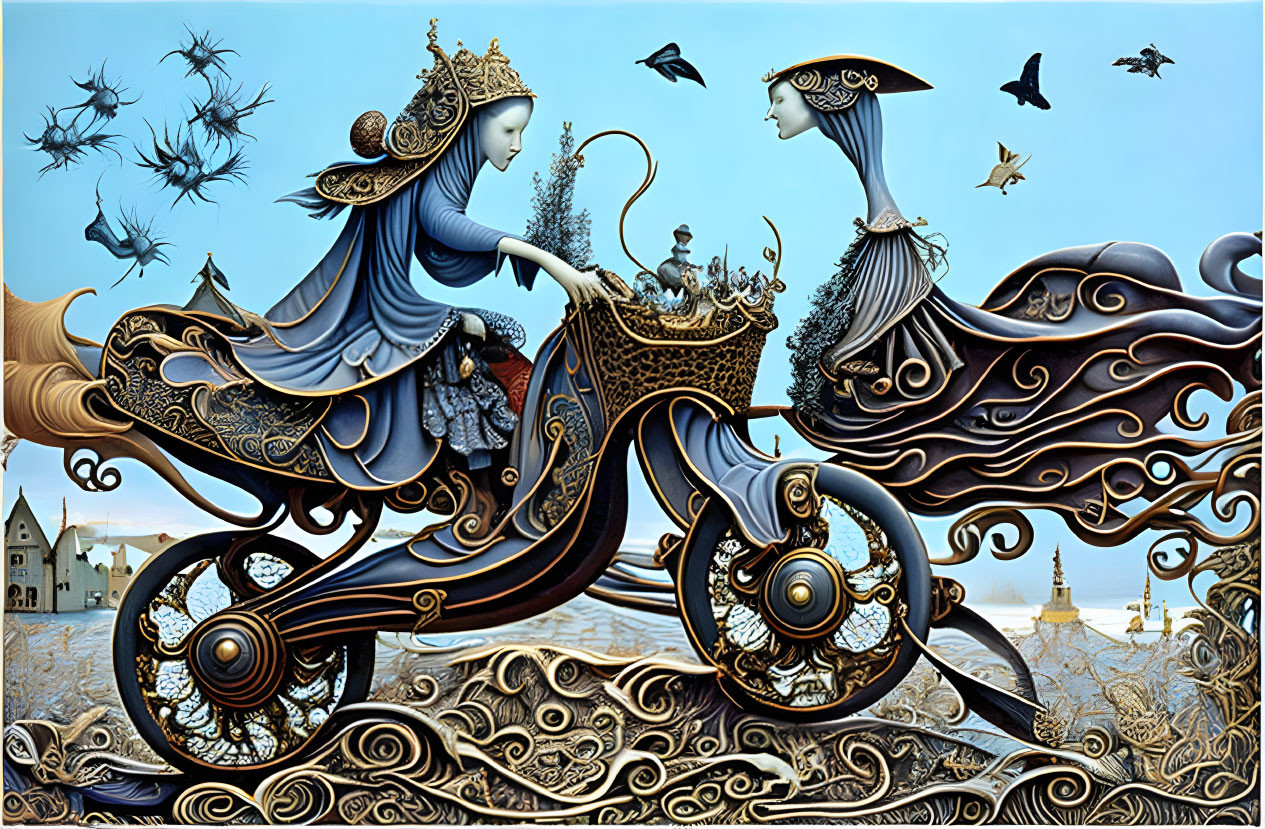 Surreal Artwork: Elaborately Dressed Figures on Ornate Chariot