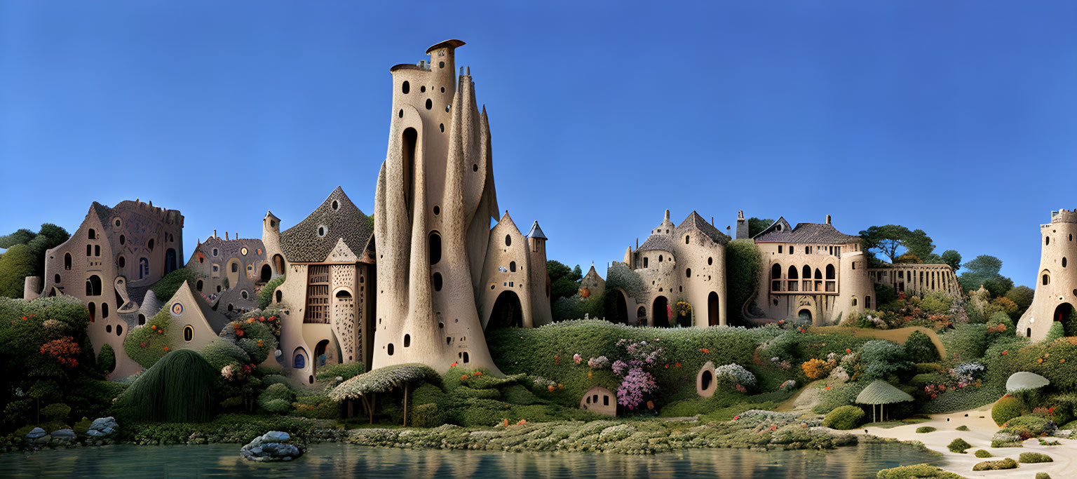 Fantastical landscape with castle-like buildings and lush gardens