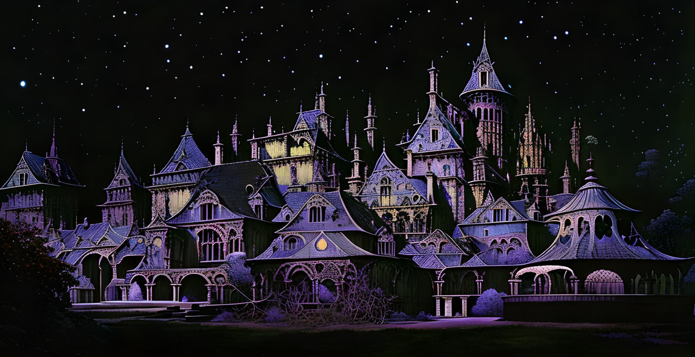 Enchanted Gothic castle at night with twinkling stars