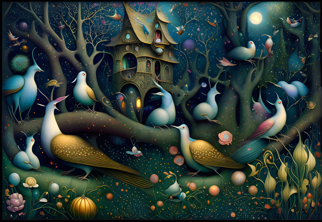 Stylized birds in whimsical night scene with glowing treehouse