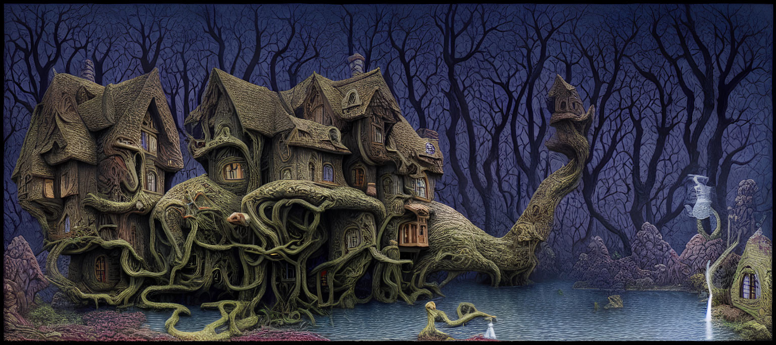 Fantasy house with twisted tree structures in dark forest with pond and swan.