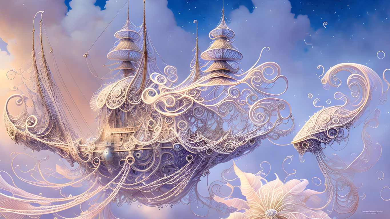 Fantastical ship with intricate designs in dreamy sky.