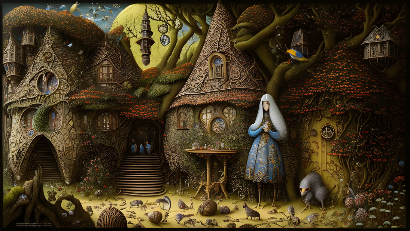 Fantasy illustration of fairy-tale village with tree houses, blue-robed figure, and forest creatures