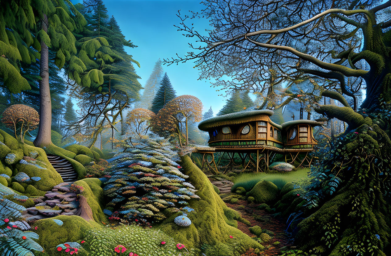 Lush forest scene with hobbit-style house, colorful flowers, stone staircase