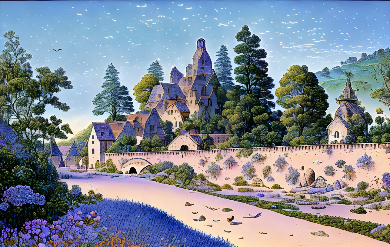 Whimsical village illustration with stone bridge, lavender fields, and lush trees