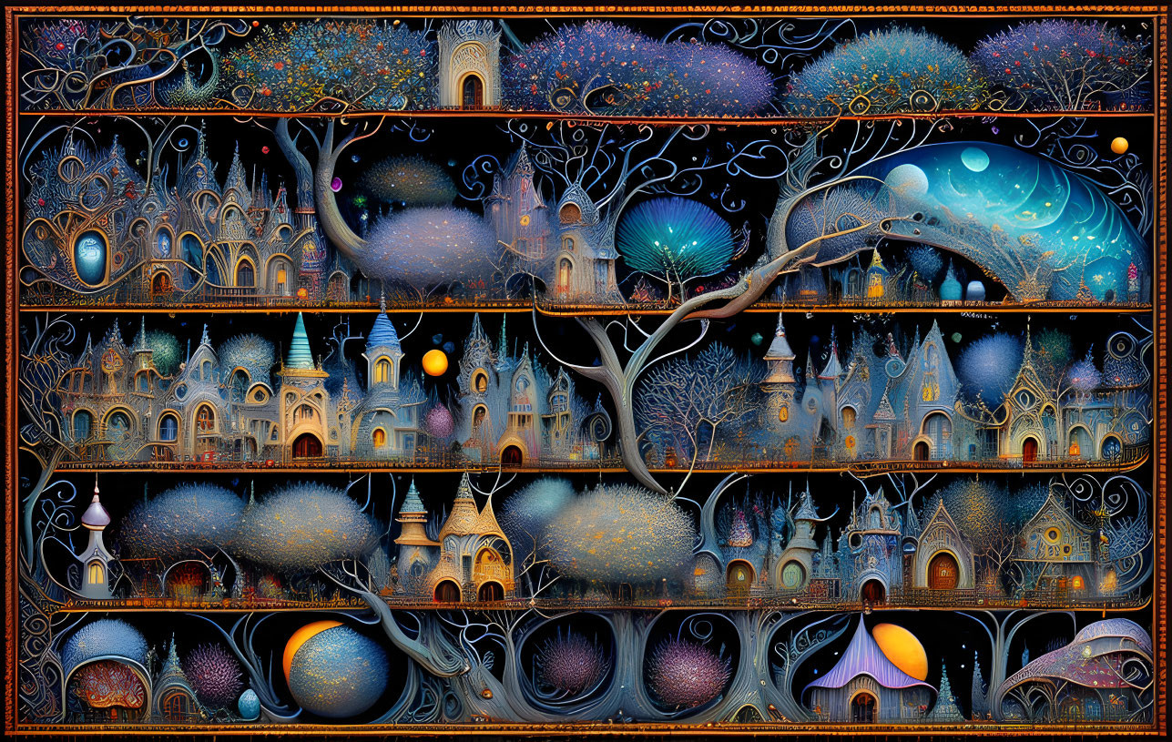 Whimsical tree-like structures in a starry night fantasy landscape