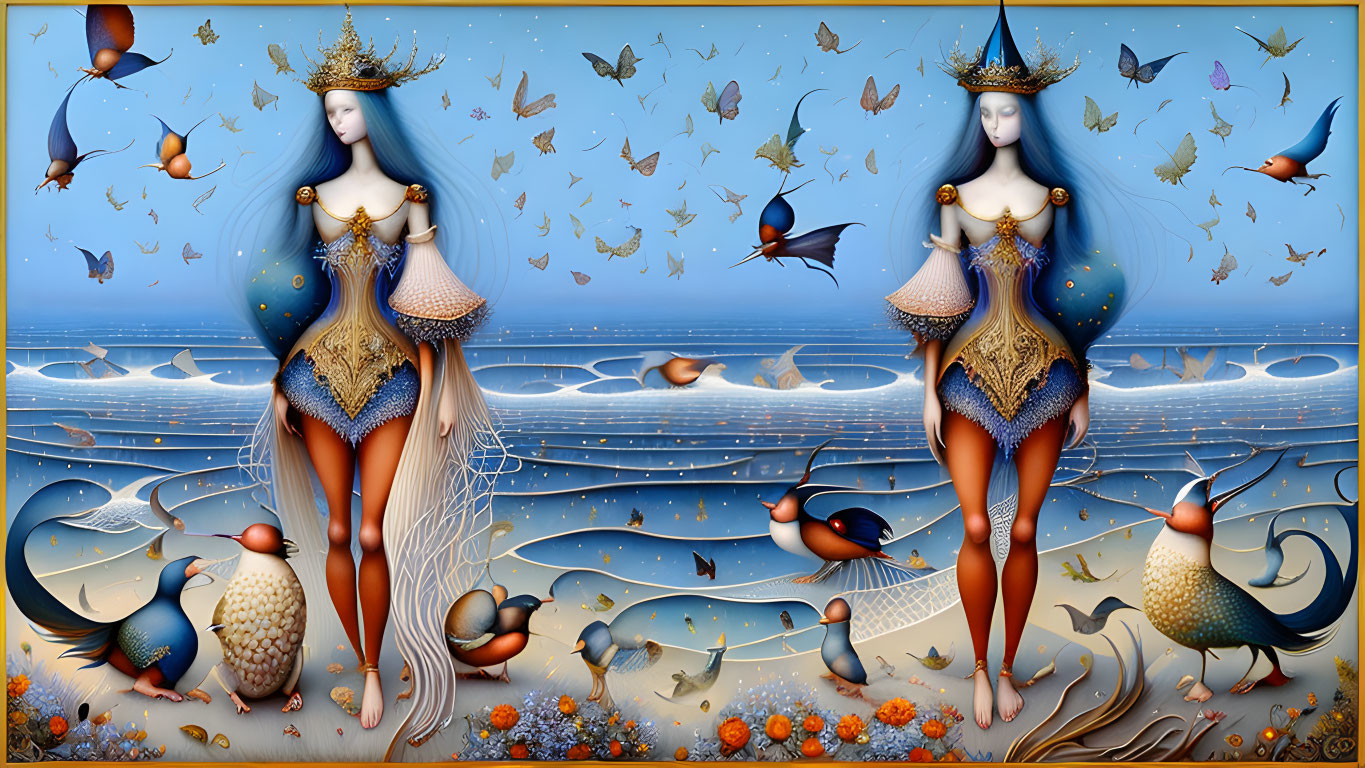 Ethereal women with birds and butterflies in vibrant fantasy art