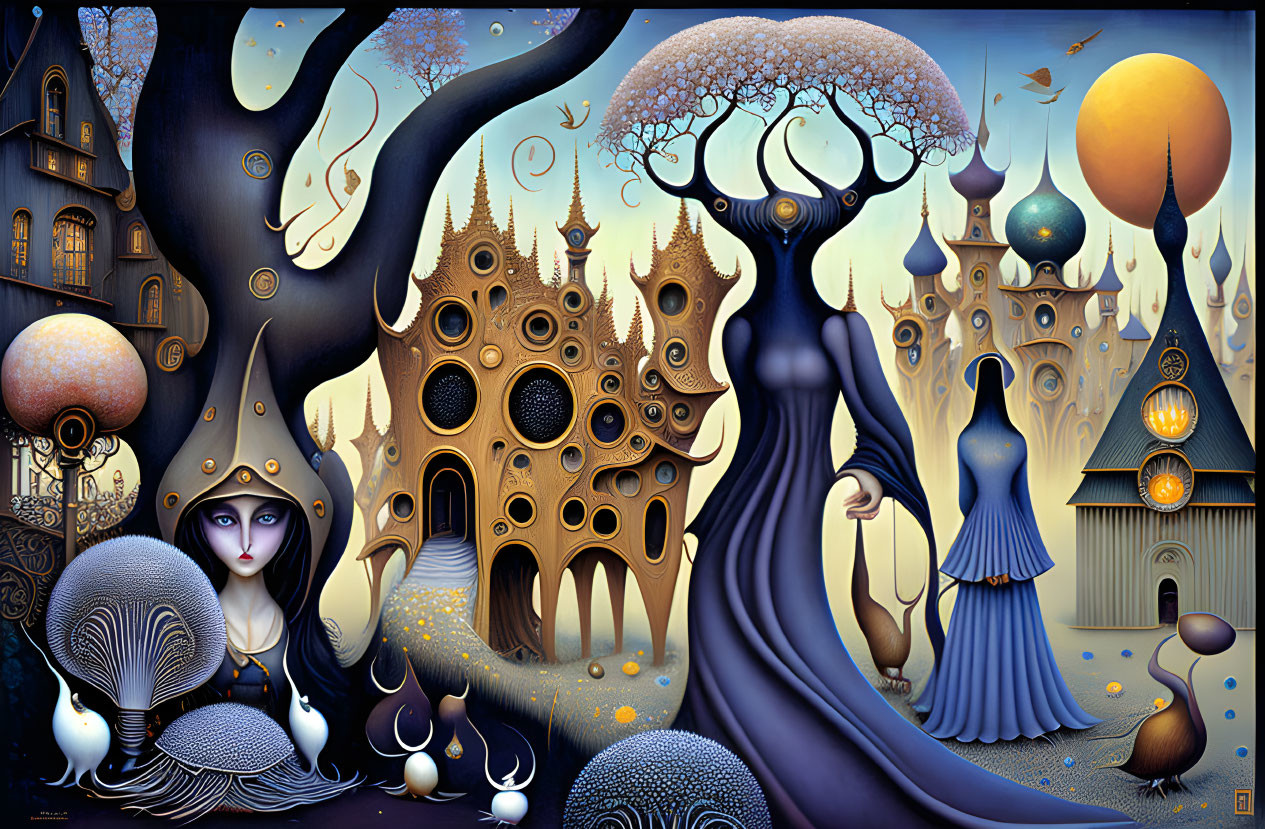 Surreal painting of ornate trees, architecture, figure in gown, moon-like orb in star