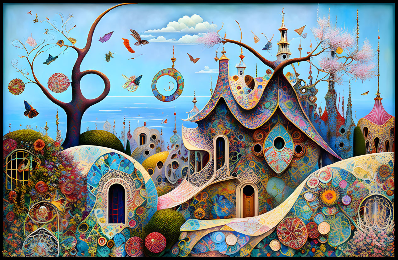 Colorful painting of ornate buildings, lush vegetation, bubbles, and butterflies.