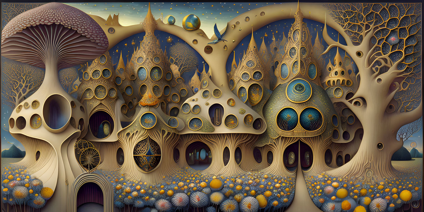 Surreal fantasy landscape with mushroom structures and starry sky