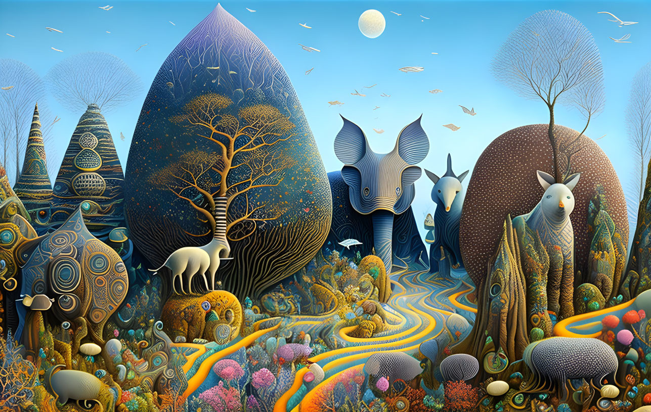 Colorful landscape with stylized trees, animals, rivers, birds, and crescent moon