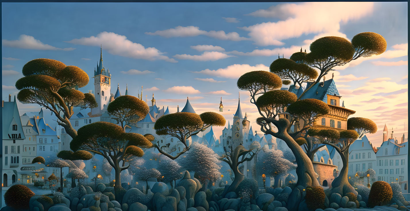 Twilight fantasy cityscape with whimsical trees and medieval-style buildings