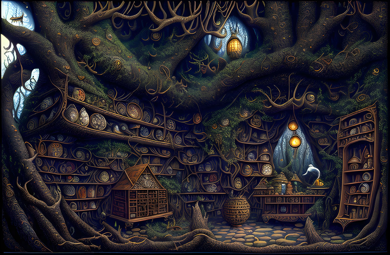 Illustration of Cozy Tree Hollow with Books, Artifacts, Lanterns, and Owl