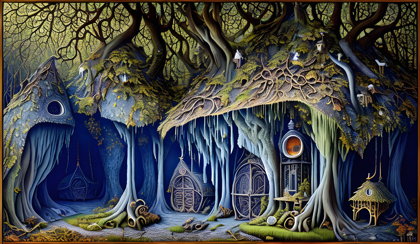 Fantasy woodland scene with whimsical treehouses and intricate doors