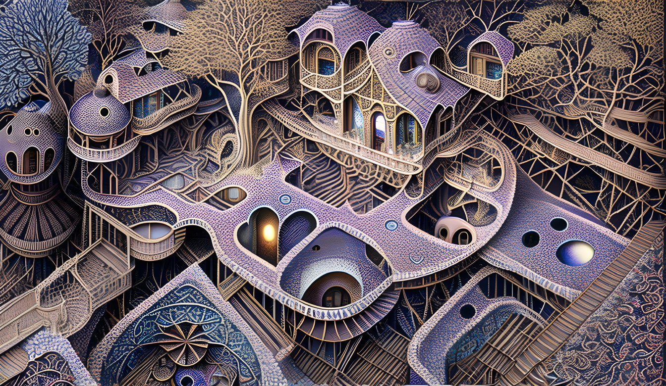 Detailed fantasy artwork: surreal multi-level treehouse with intricate patterns and organic architecture in a nocturnal forest