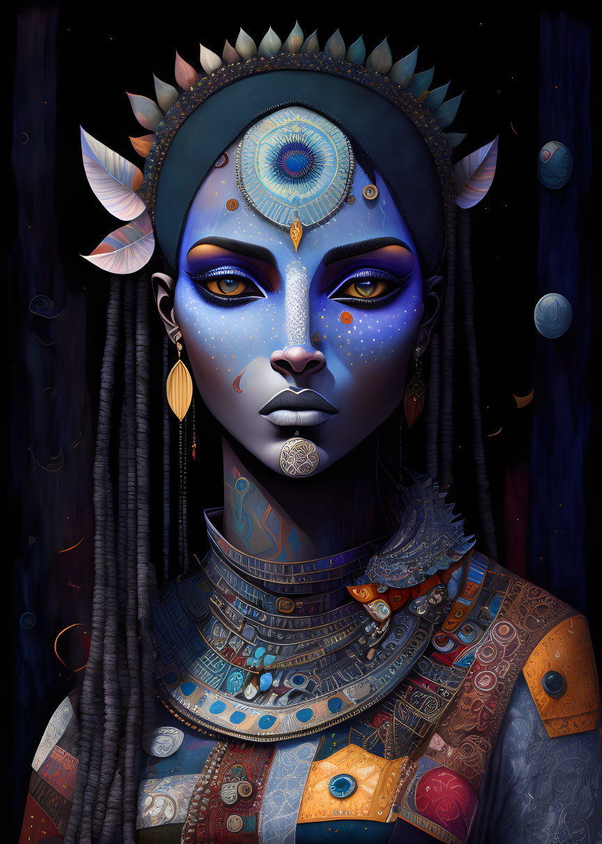 Blue-skinned female figure with star-like freckles and third eye in ornate attire against space