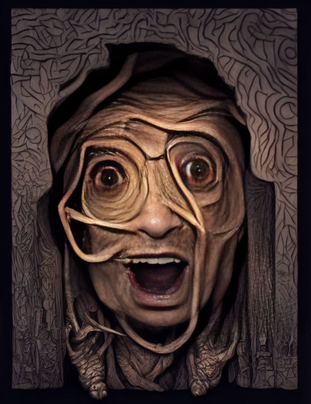 Surreal portrait featuring person with exaggerated facial features and vine-like elements