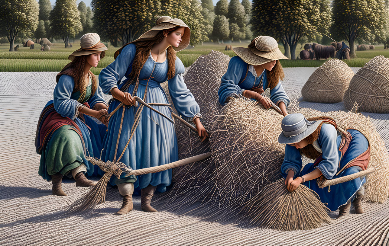 Women in traditional clothing rake hay in pastoral field