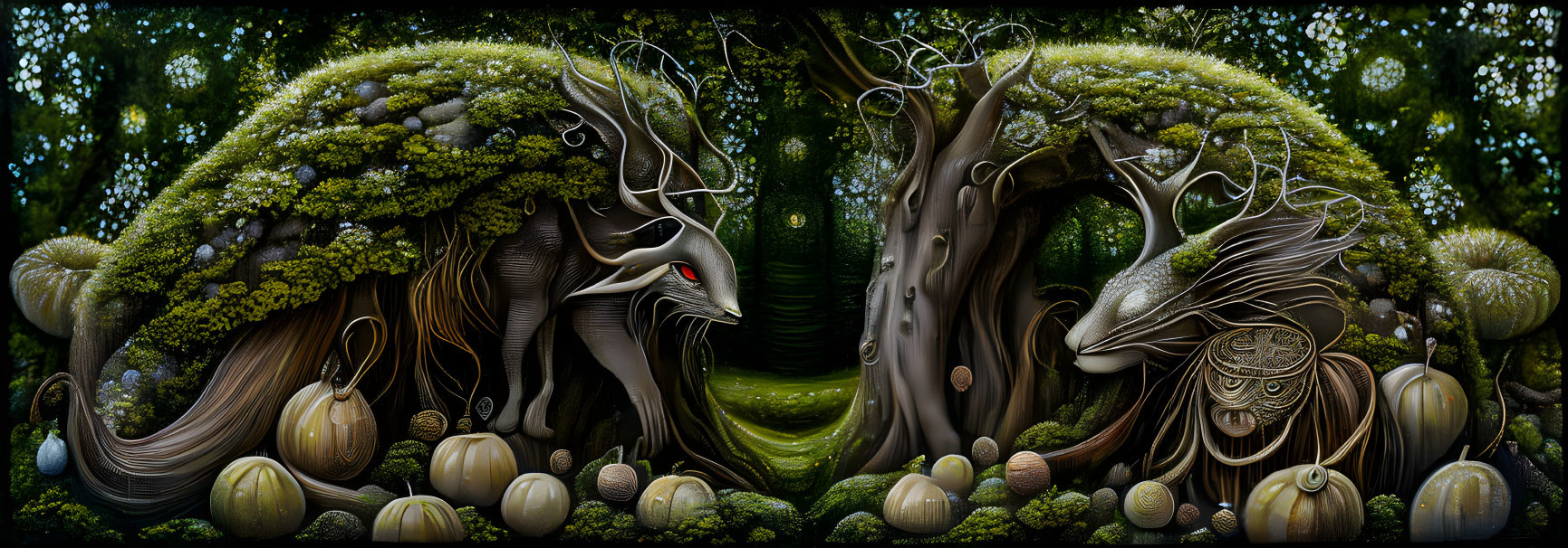 Symmetrical surreal digital artwork of mystical forest with deer-like tree creatures & oversized mushrooms