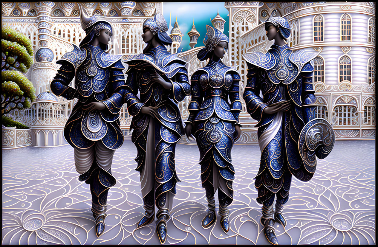 Ornate armored figures in fantasy architectural backdrop