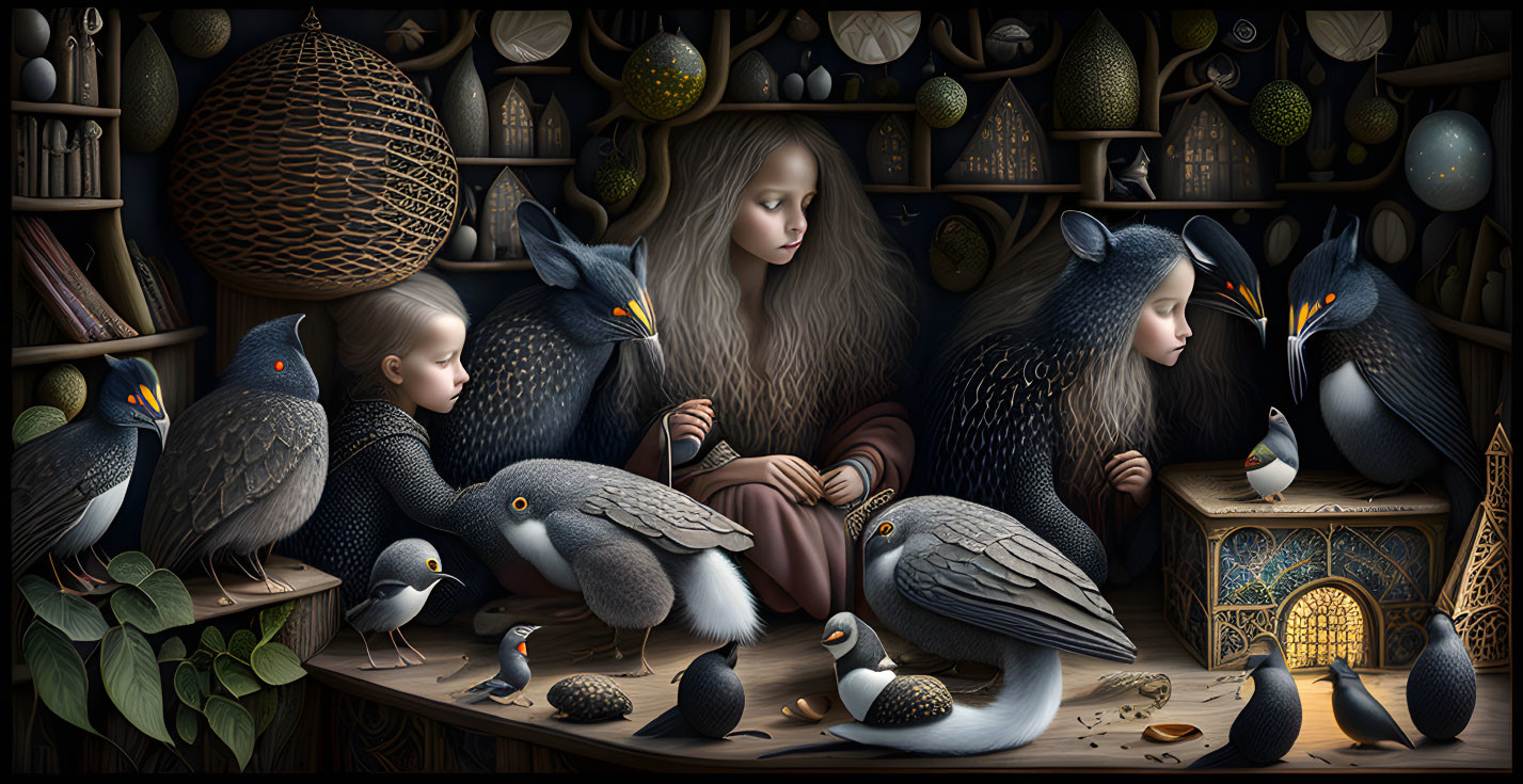 Surreal artwork: human figures with avian features in dark, ornate setting