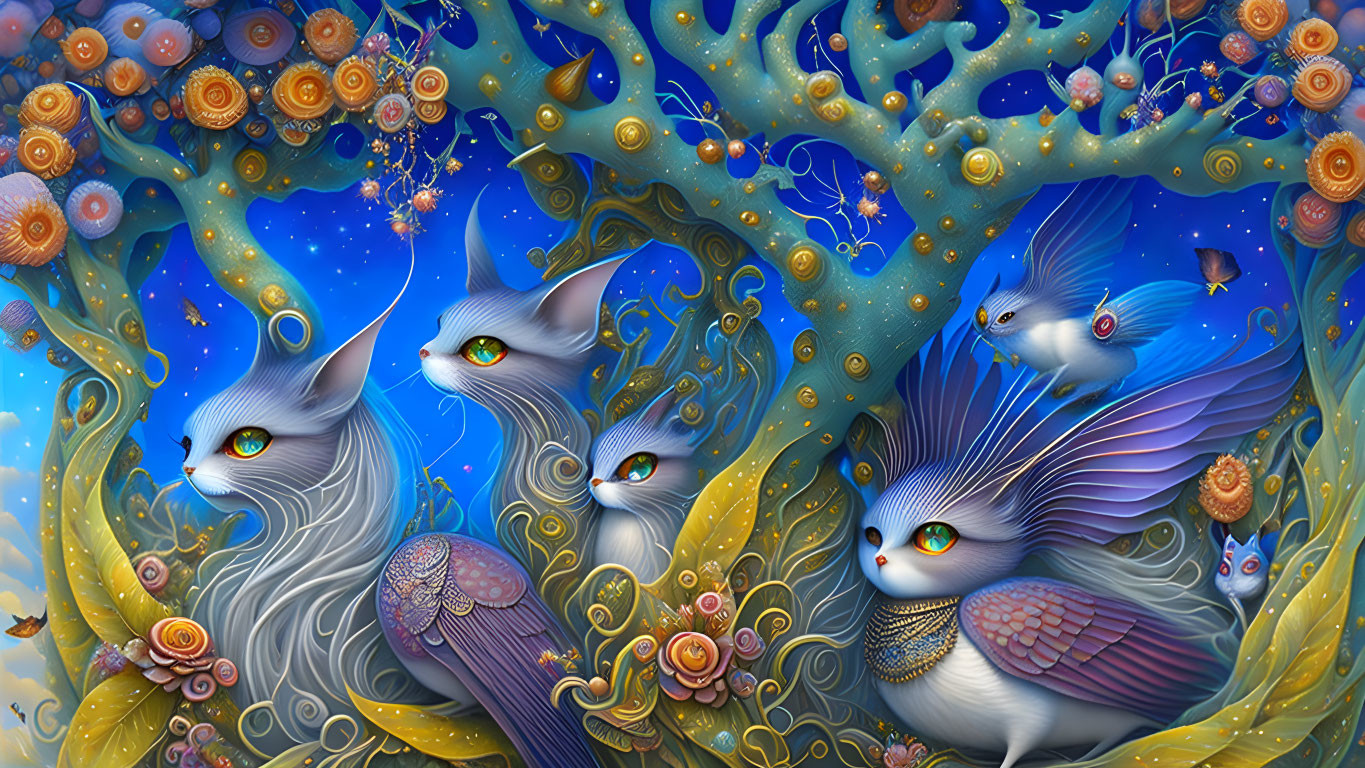 Colorful fantasy illustration: Blue bird-like creatures with cat faces in celestial setting