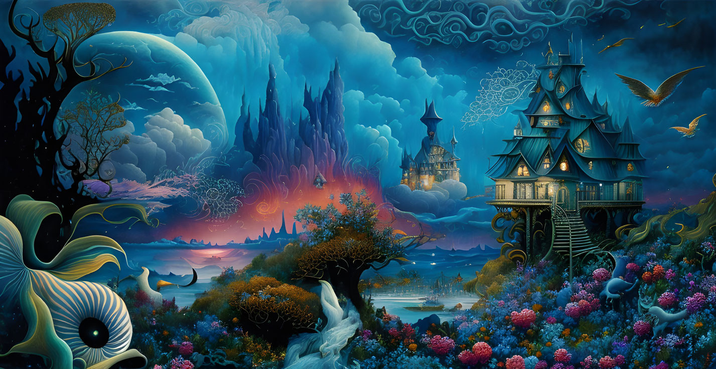 Fantastical landscape with vibrant flora and mystical structures