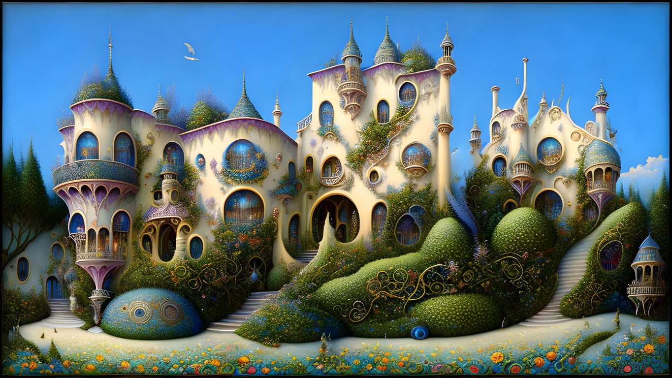 Fantasy castle with ornate towers and lush gardens under clear blue sky