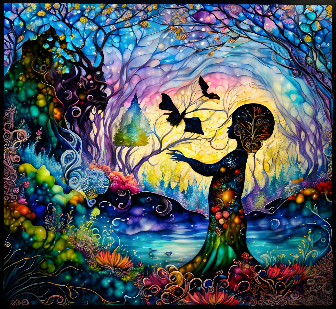 Colorful Surreal Forest Painting with Silhouette Releasing Butterflies