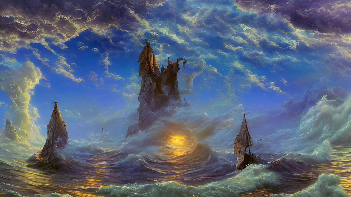 Fantasy artwork of ships with towering sails on tumultuous ocean waves under dramatic sky.