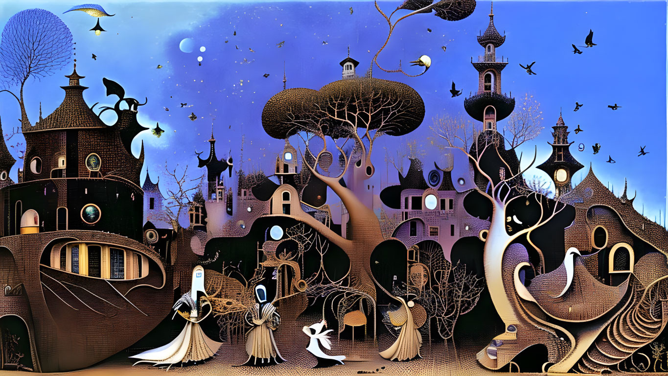 Whimsical night-time landscape with fantastical elements