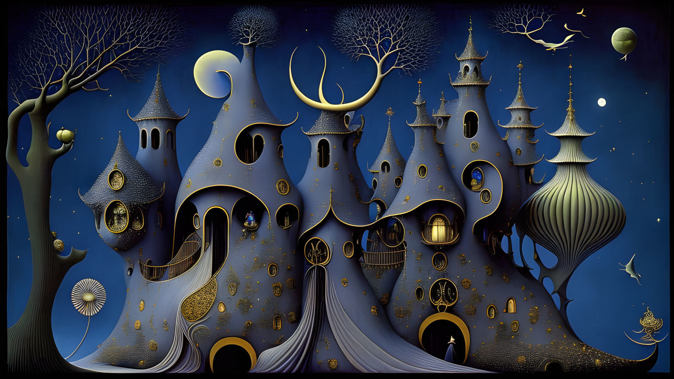 Whimsical moonlit castle in fantastical night landscape