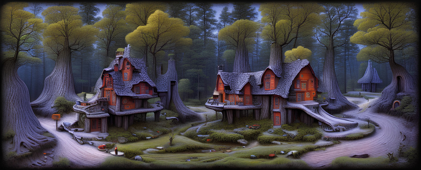 Whimsical forest scene with glowing treehouses and winding paths