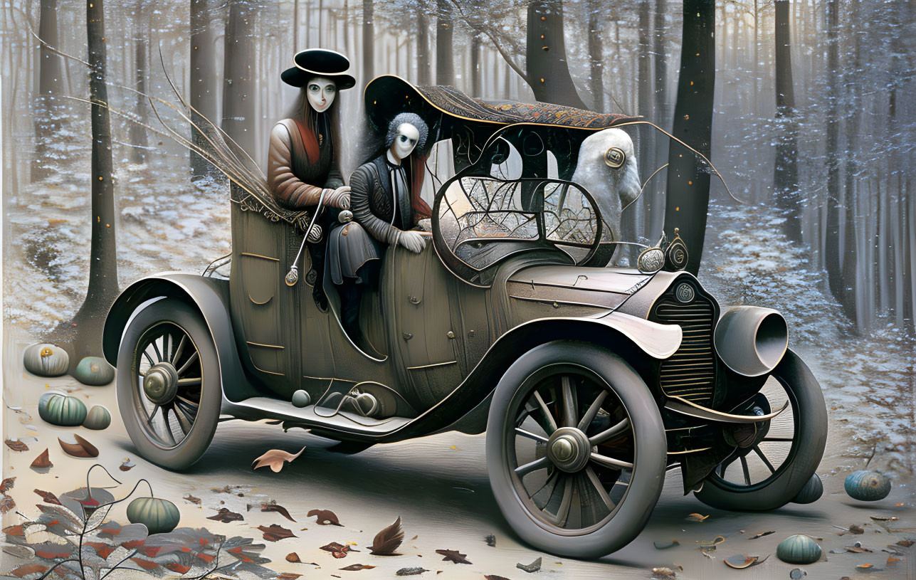 Stylized characters in vintage attire in classic car in autumn forest